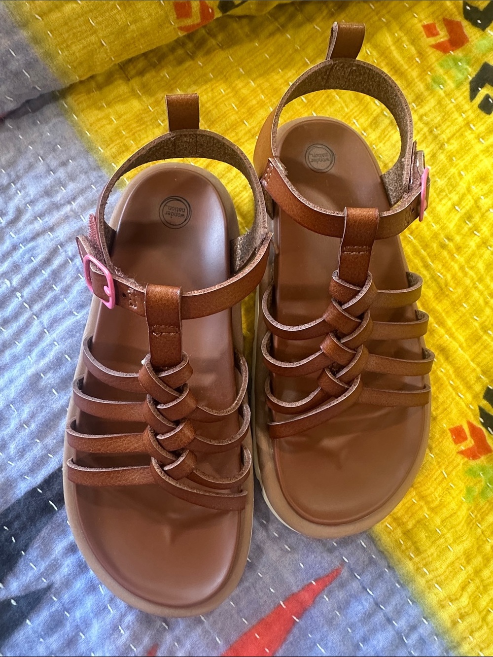 wonder nation Brown Girls' Strappy Sandals with Pink Buckle